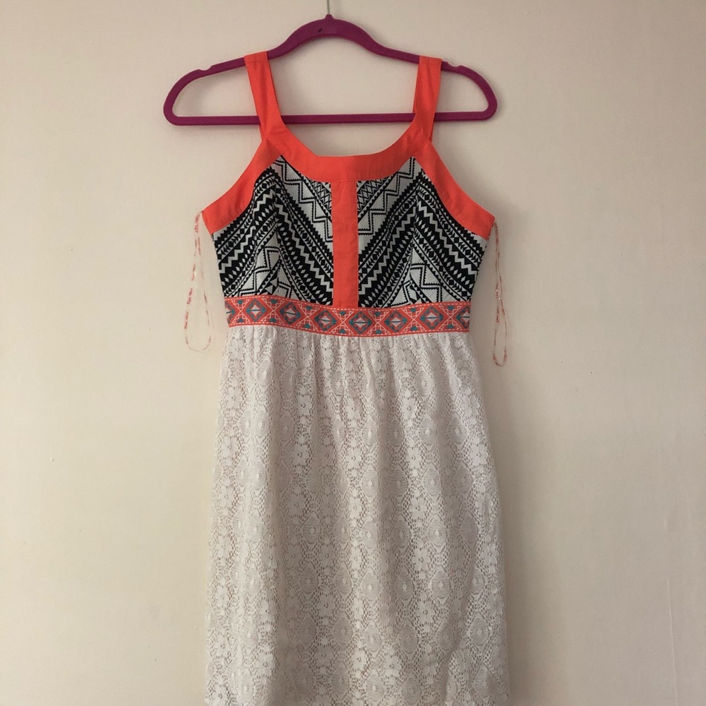 Anthropologie White Lace Mini Dress with Black and Coral Accents